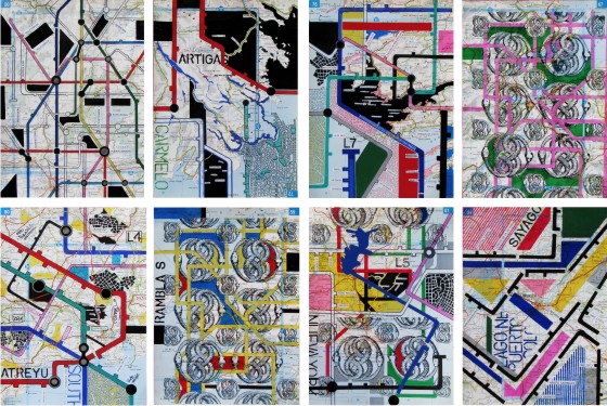 Paola Monzillo | Sin Título | de la serie “proyecto CARTOGRAFÍAS” | 2010 | marcadores, tinta, impresión y adhesivos sobre mapas de ruta | 97 x 63 cm
